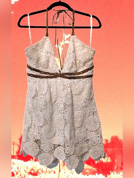 Sky Tops - Sky Ivory Crochet Lace Halter Top Lined Large Suede Like Contrasting Woven Ties